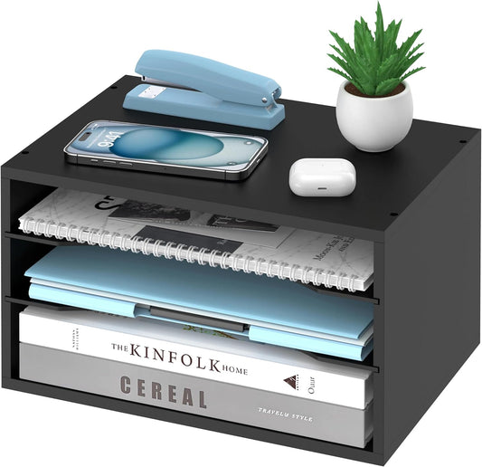 5-Tier Wood Desk Organizer, Paper Tray Organizer for Desk with Adjustable Storage Shelves, Desktop File Organization Paper Sorter Mail Holder for Office Home Classroom, White