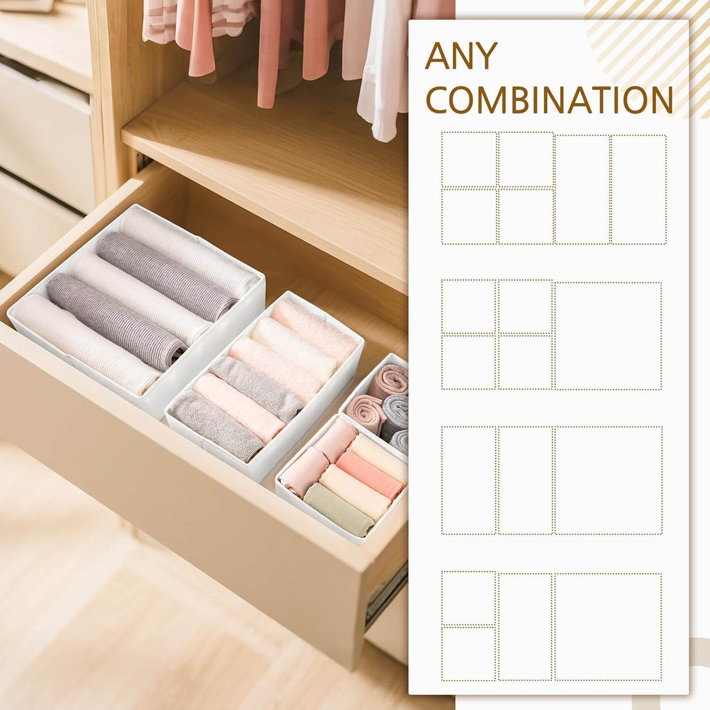 Criusia 15 Pack Drawer Organizer for Clothes, Foldable Dresser Dividers with 3 Sizes, Fabric Storage Bins – Beige