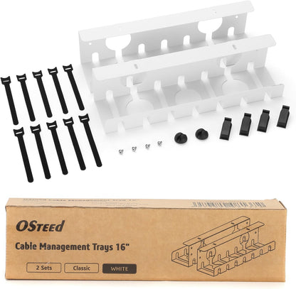 Under Desk Cable Management Tray 2 Pack White, Cable Management Under Table, Cord Organizer Tray for Wire Management, Home & Office Standing Desk Cord Organizer