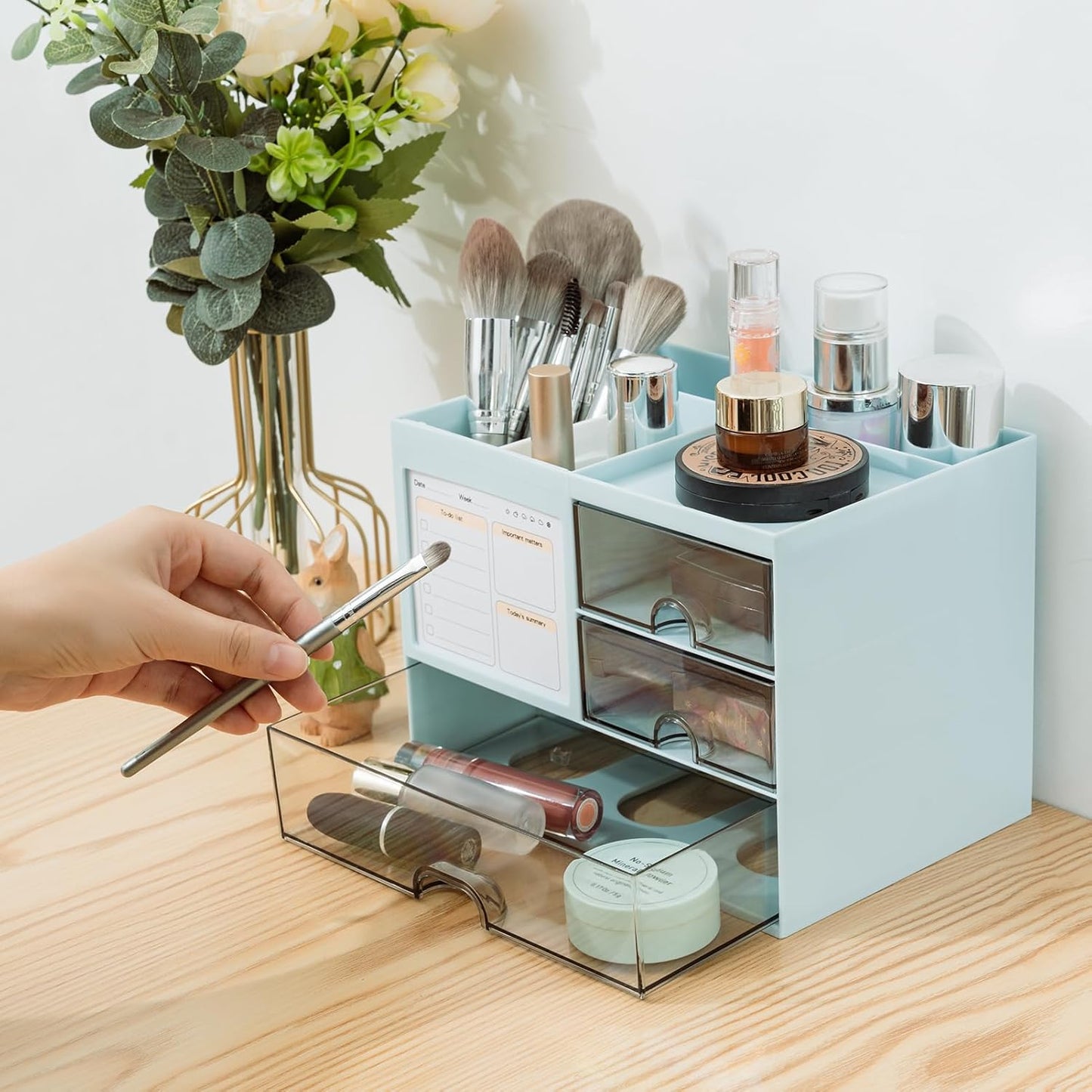 QIYVLOS Desk Organizer with 3 Drawer, Multi-Functional Pencil Pen Holder for Desk, Desk Organizers and Storage with 8 Compartments, Desktop Organizer for Office Home Art Supplies (White)