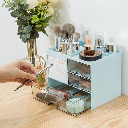 QIYVLOS Desk Organizer with 3 Drawer, Multi-Functional Pencil Pen Holder for Desk, Desk Organizers and Storage with 8 Compartments, Desktop Organizer for Office Home Art Supplies (White)