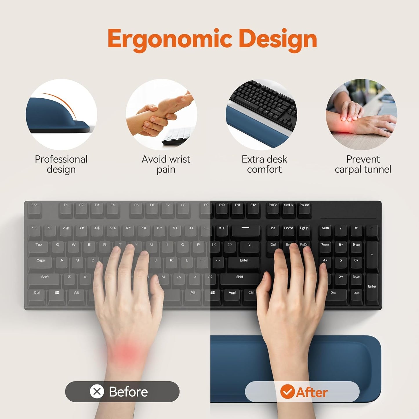 TECKNET Wrist Rest for Computer Keyboard, Thicken Memory Foam Wrist Support Pad for Keyboard, Ergonomic Palm Rest for Pain Relief, Anti-Slip Rubber Base, 17x3.3 in, 1 inch (25mm), Black