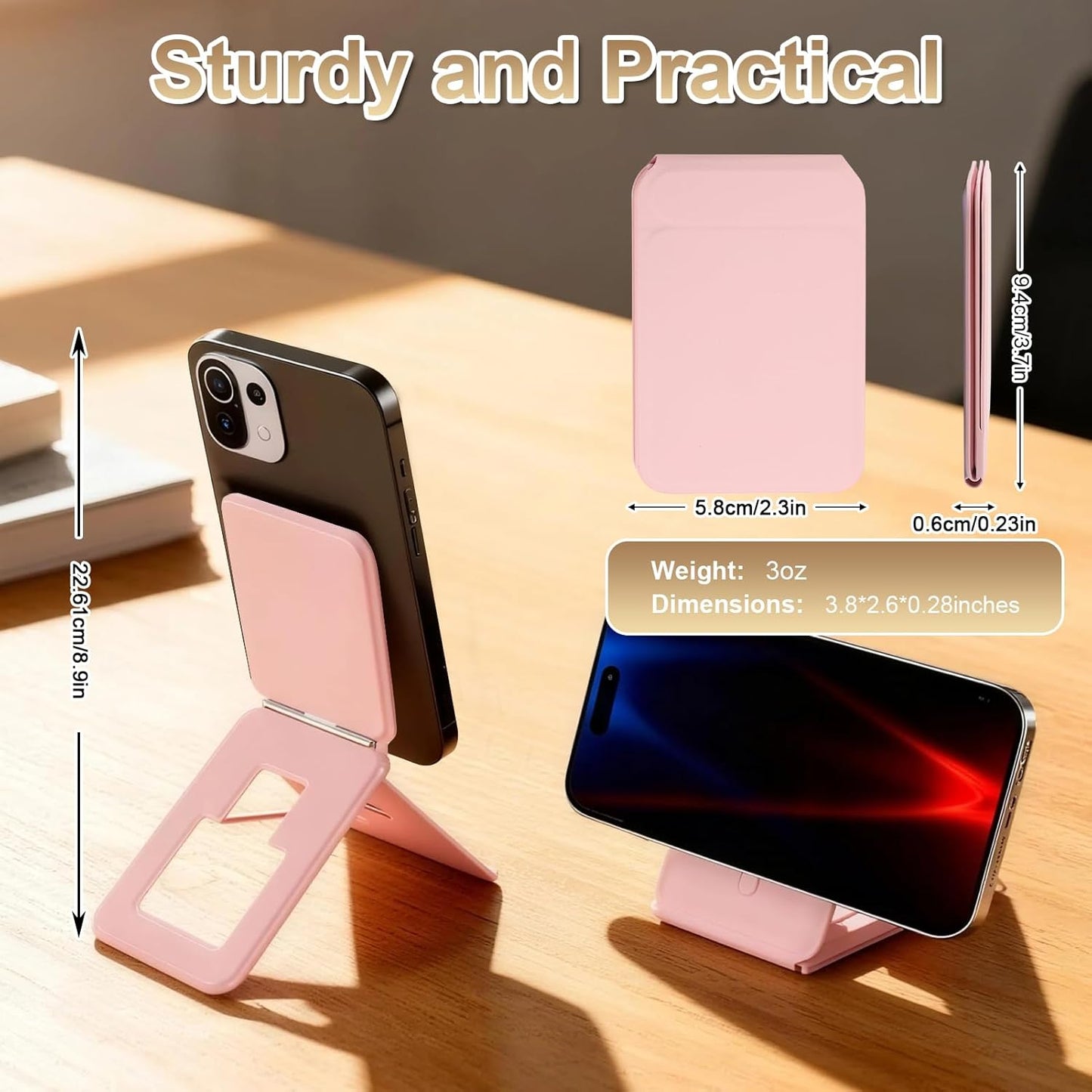 Magnetic Phone Stand, Compatible with All Smartphones 17/16/15/14/13/12 Series, Slim PU Leather Desk Stand with Angle Adjustment, Portable & Includes 1 Strong Magnetic Ring for Any Phone(Pink)