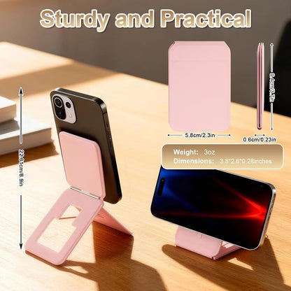 Magnetic Phone Stand, Compatible with All Smartphones 17/16/15/14/13/12 Series, Slim PU Leather Desk Stand with Angle Adjustment, Portable & Includes 1 Strong Magnetic Ring for Any Phone(Pink)