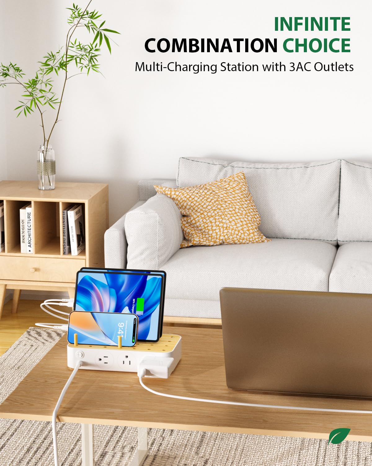 Bamboo USB-C Charging Station for Multiple Devices,60W 6 Port Charing Dock with 3 AC Outlets, 3 USB C, 3 USB A,6.6ft Power Cord for lPhone,lPad,Tablets (6 Mixed Cables Included),White