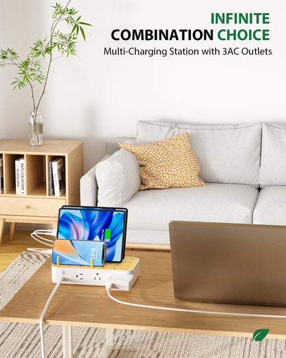 Bamboo USB-C Charging Station for Multiple Devices,60W 6 Port Charing Dock with 3 AC Outlets, 3 USB C, 3 USB A,6.6ft Power Cord for lPhone,lPad,Tablets (6 Mixed Cables Included),White