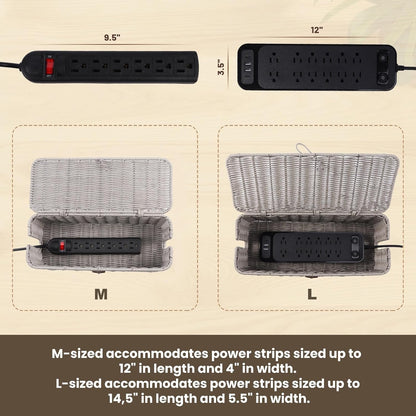BROWNLILY Cable Management Box, Rattan Style Cord Organizer for Desk Cord Hider Outlet Covers Baby Proofing for Power Strip TV PC Router Charger Under Desk Storage with Lockable Lid and Cable Ties
