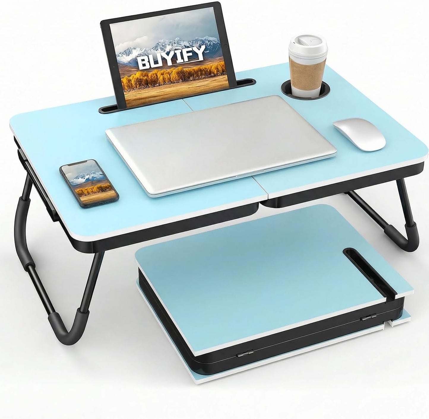 BUYIFY Foldable Laptop Bed Desk for Couch, Sofa - Large Lap Desk Tray Table with Cup Holder and Tablet Slot - Portable Notebook Stand for Eating, Writing, Studying and WFH -NEW-006