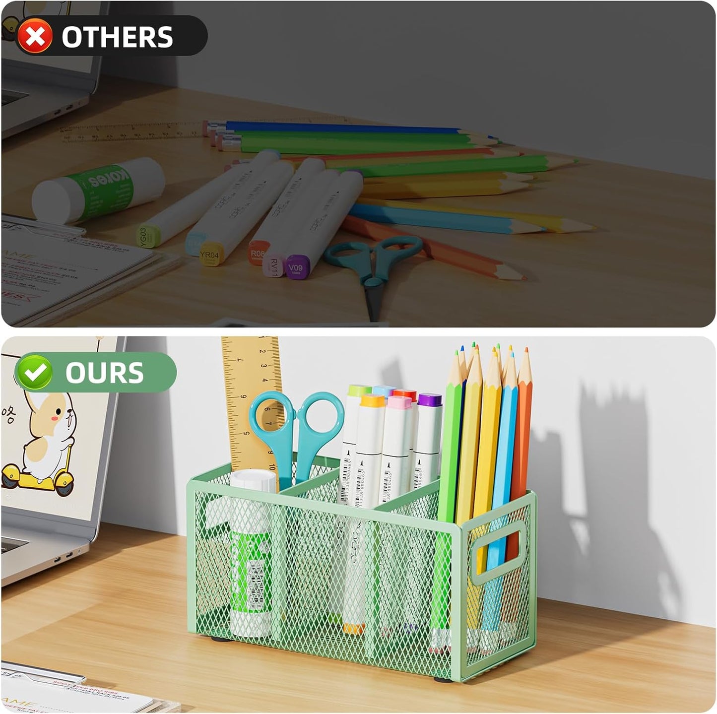 Marbrasse Mesh Pen Holder for Desk,Pencil Holder Desk Organizer 3 Adjustable Compartments,Pencil Cup with Handle Perfect for Classroom, Office, Home,Makeup,Art (Black)
