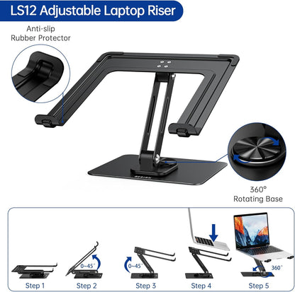 BESIGN LS12 Laptop Stand with 360° Rotating Base, Ergonomic Adjustable Notebook Holder, Computer Riser Stand Compatible with Air, Pro, Dell, HP, Lenovo More 10-14" Laptops (Black)