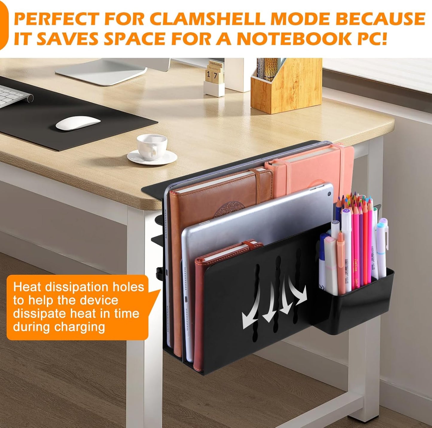 Desk Side Storage, Under Desk Laptop Mount, Table Side Hanging File Organizer, No Drill Clamp On Cable Management Tray, Laptop Holder with Magnetic Pen Holder for Office and Home