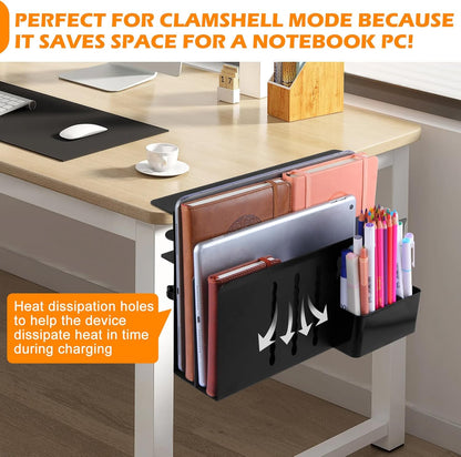 Desk Side Storage, Under Desk Laptop Mount, Table Side Hanging File Organizer, No Drill Clamp On Cable Management Tray, Laptop Holder with Magnetic Pen Holder for Office and Home