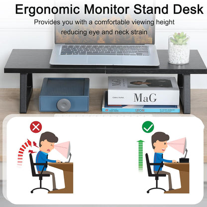 TEAMIX 24 inch Monitor Stand Riser, Black Wood & Steel Computer Monitor Stand with Storage, Laptop, PC, Printer Stand Riser for Desktop Office Desk Organizers