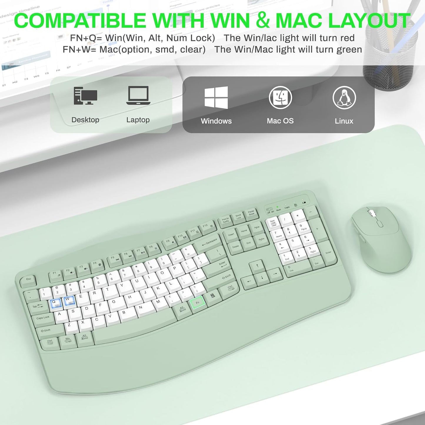 Wireless Keyboard and Mouse Combo,2.4G Full Size Wave Keys Ergonomic Keyboard with Wrist Rest for Natural Typing, 3 DPI Adjustable Ergonomic Silent Mouse for Computer/Laptop/Windows/Mac (Gray)