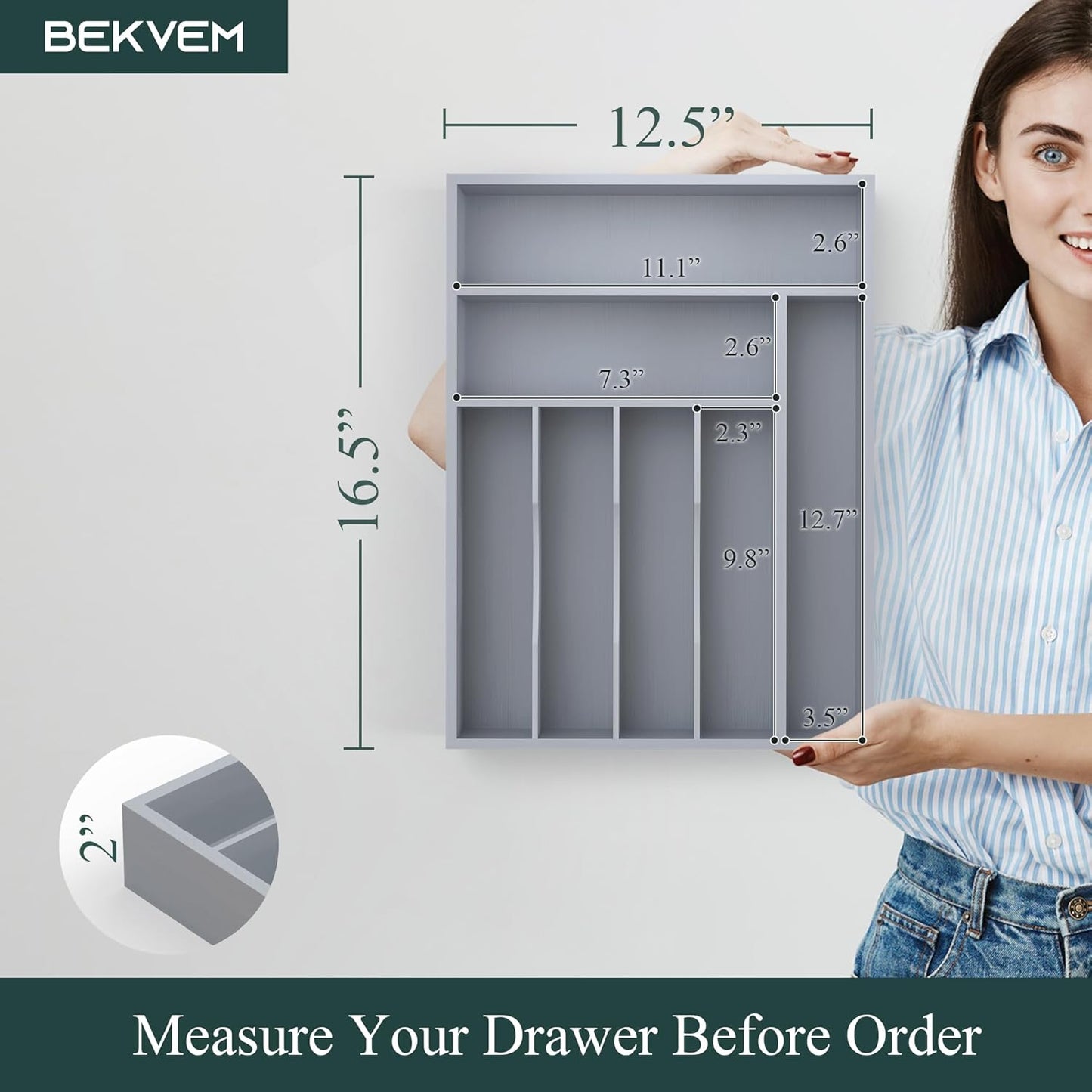 Small Silverware Organizer, Bamboo Kitchen Drawer Organizer, Utensil Holder, Cutlery Tray & Spoon Flatware Storage with Grooved Drawer Dividers (6.7''W x 12''D)