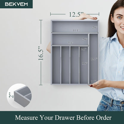 Small Silverware Organizer, Bamboo Kitchen Drawer Organizer, Utensil Holder, Cutlery Tray & Spoon Flatware Storage with Grooved Drawer Dividers (6.7''W x 12''D)