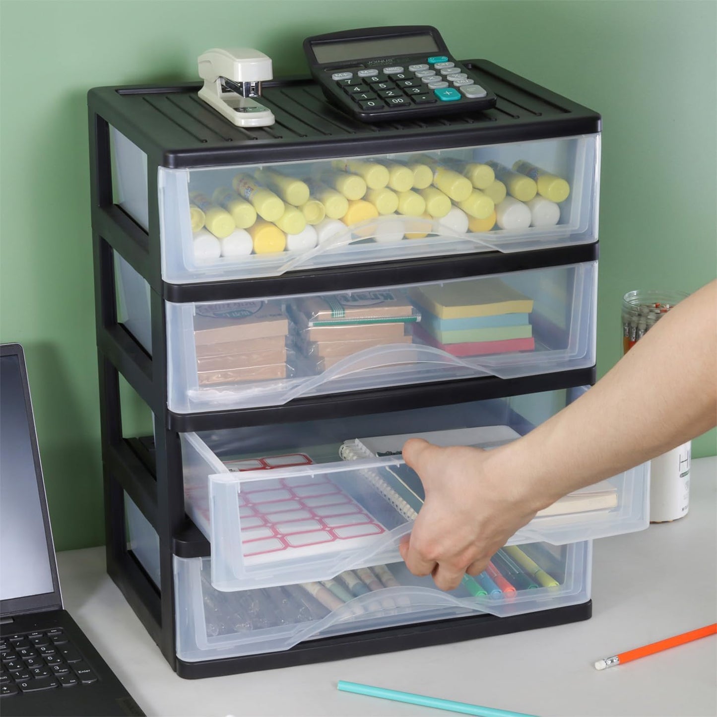 BYCY Medium 3 Drawer Plastic Clear Stacking Desktop Organizer for Office Supplies, Stackable Storage Drawers Storage Bins For Kitchen Cabinets, Pantry, Home Organization (Black, Medium 3Drawer)