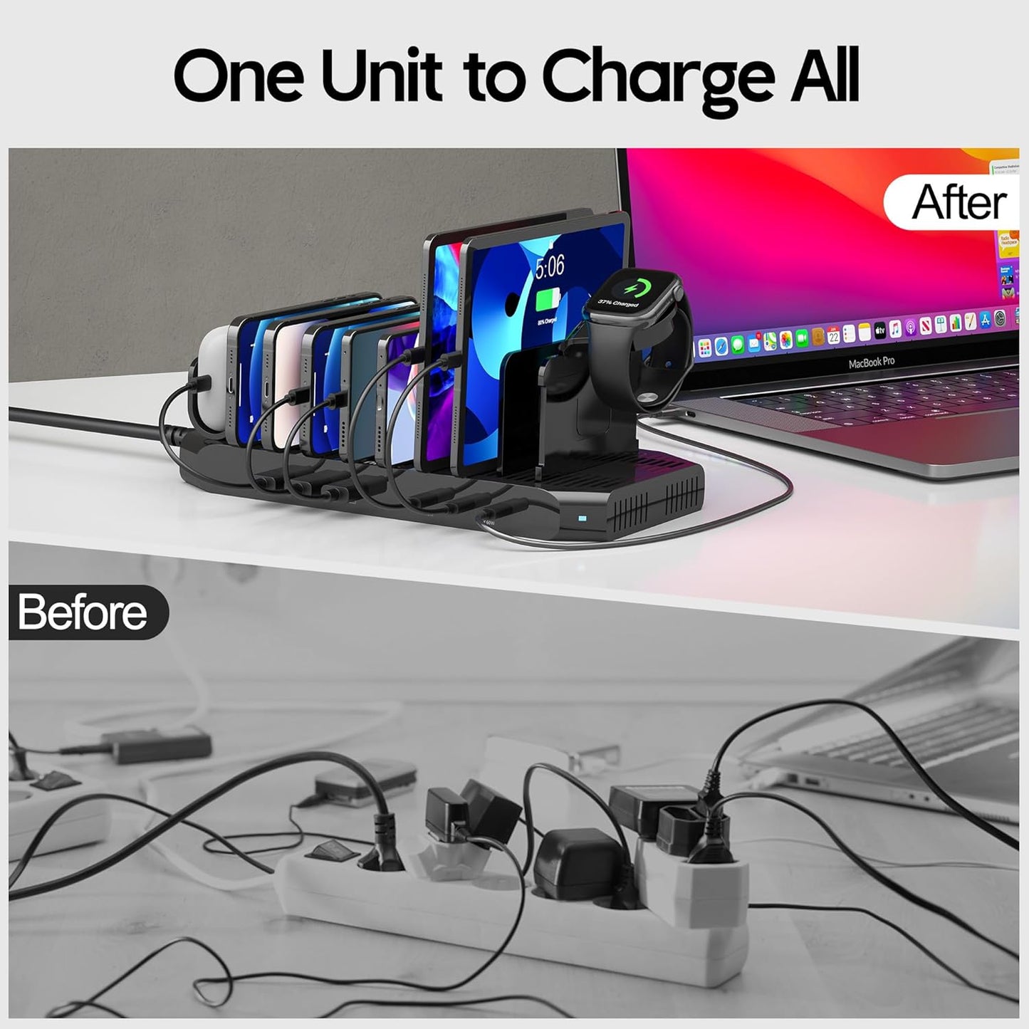 Unitek 10-Port Desktop Charging Dock Ultimate Charging Station for Multiple Devices, iPhones & Apple Products High-Speed USB Hub with LED Display for Office, Kitchen Counter, Desk Organizer