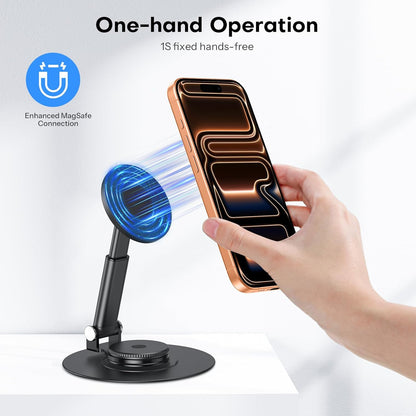 OMOTON MS05 360°Rotating Base Magnetic Phone Stand for MagSafe, [Height Adjustable] Foldable Cell Phone Stand for Desk, Office Desk Accessories for iPhone 17/16/15/14 Pro Max Air, Black