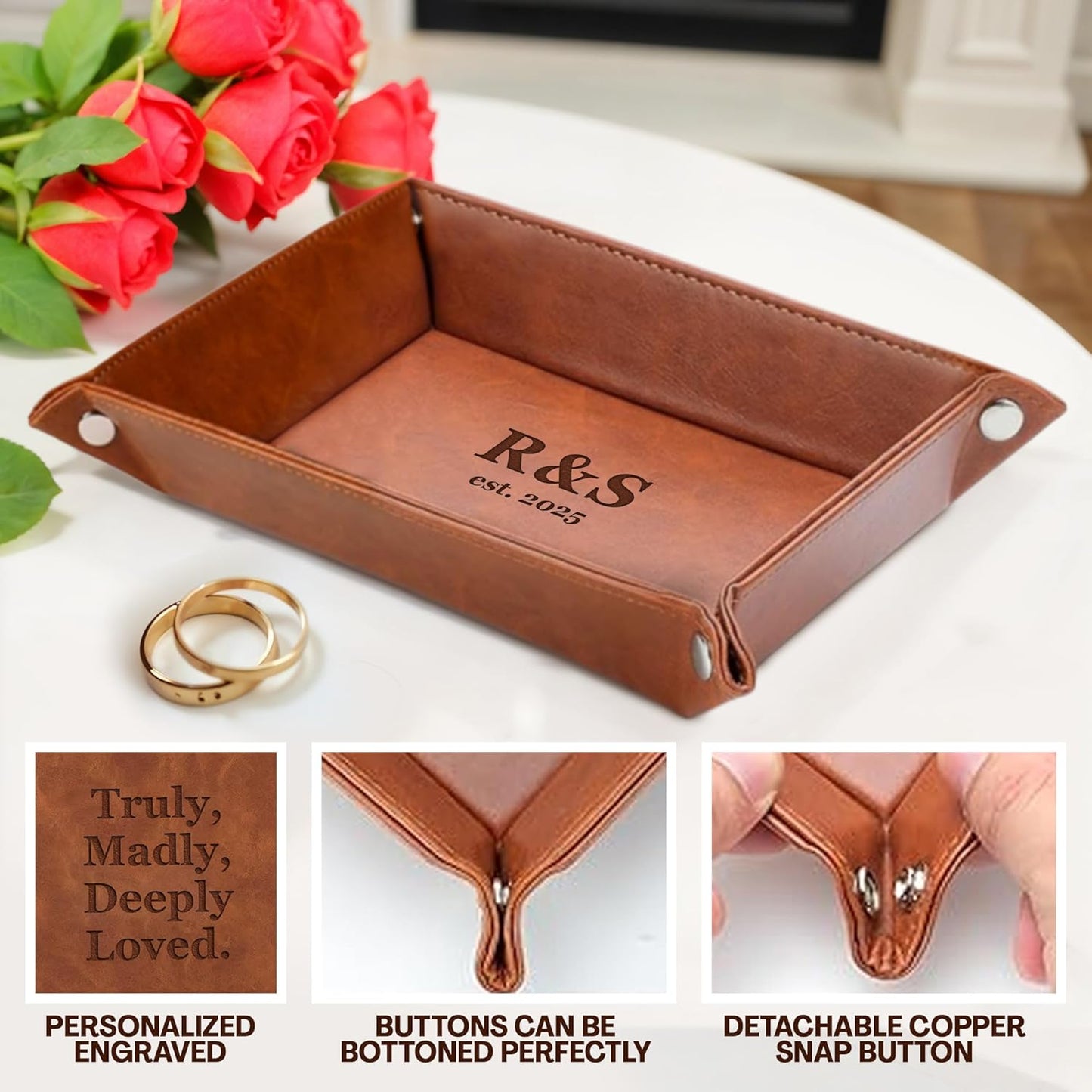 Personalized Engraved Leather Tray for Men with Engraved Name, PU Leather Valet Organizer for Dad, Custom Gift for Him, Custom Catchall Tray for Desk, Office, Accessories Travel Organizer for Men