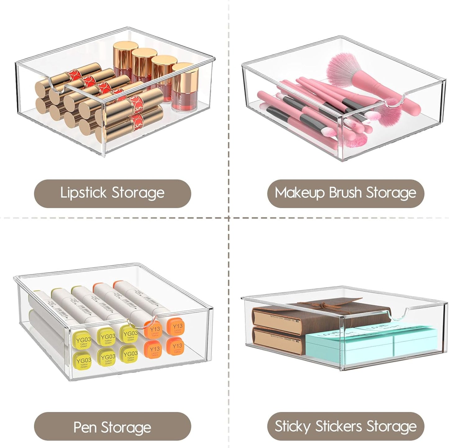 AMALEKO Acrylic Drawer Organizers - 21 Drawers 4 Set - Clear Storage Drawers for Office Supplies - Stackable Makeup Organizer - Dustproof Desk Organizers for Makeup, Jewelry, Pen, Stationary
