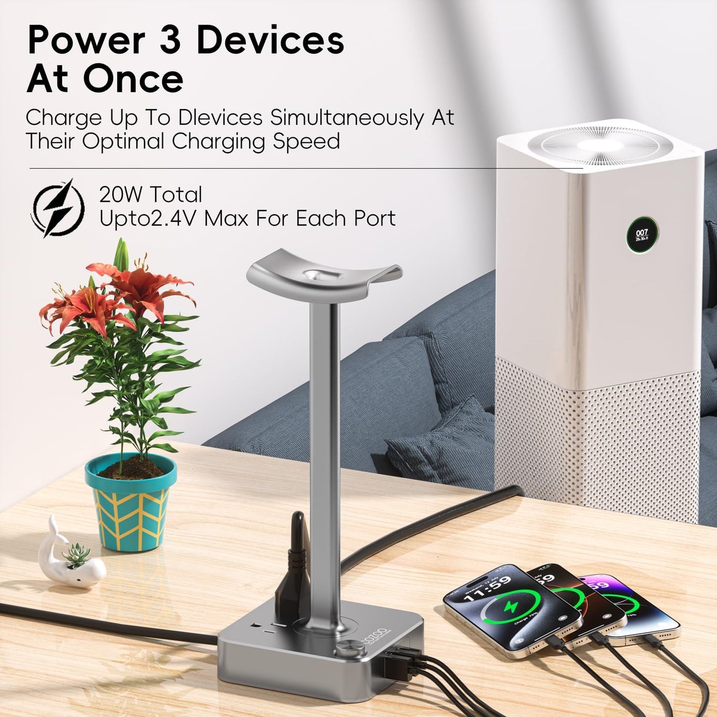 COZOO Headphone Stand with USB Charger Desktop Gaming Headset Holder Hanger with 3 USB Charging Station and 2 Outlets Power Strip,Suitable for Gaming, DJ,Wireless Earphone Display, Gamer Gifts for Men