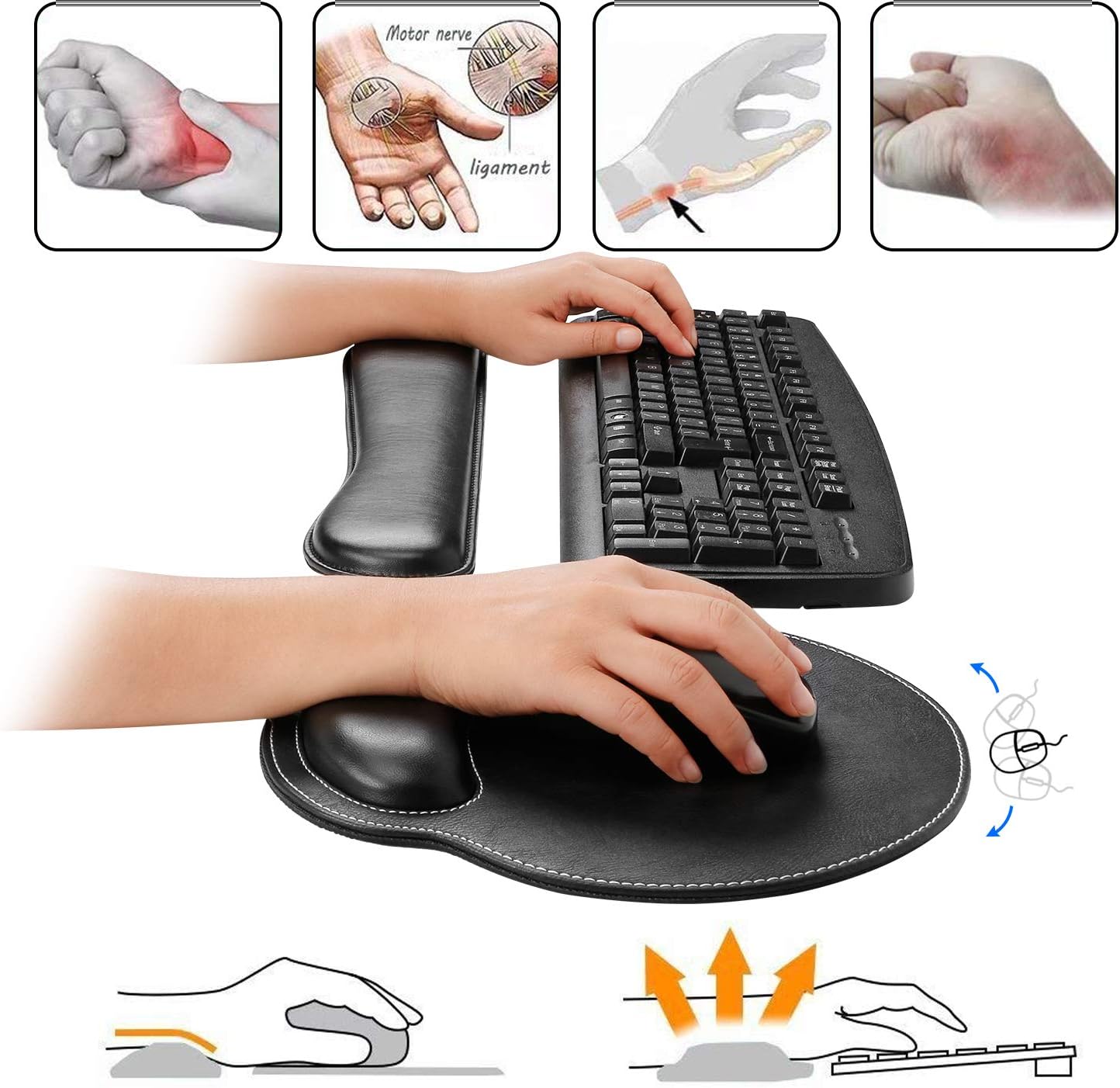 RICHEN Ergonomic PU Leather Keyboard Wrist Rest and Mouse Pad with Wrist Support, Memory Foam Set for Computer/Laptop,Gaming and Office, Comfortable for Easy Typing & Pain Relief (PU Brown)