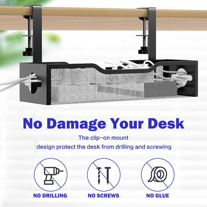 Under Desk Cable Management Tray 25.12", Extra Large Cable Management No Drill, Extended Cord Organizer with Adjustable Clamps, Black