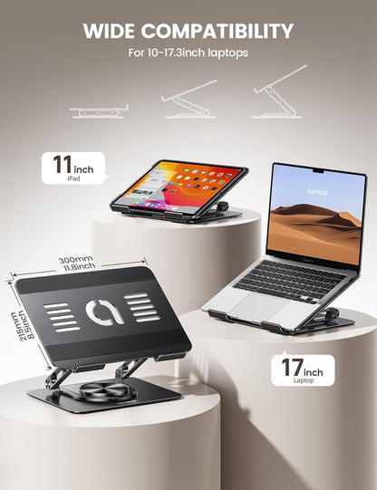 Lamicall Adjustable Laptop Stand for Desk - 360 Rotating Base Ergonomic Computer Stand, Aluminum Laptop Riser for Mothers Day fits MacBook Neo Air Pro, HP, Office Desk Accessories (10-17.3'') - Black