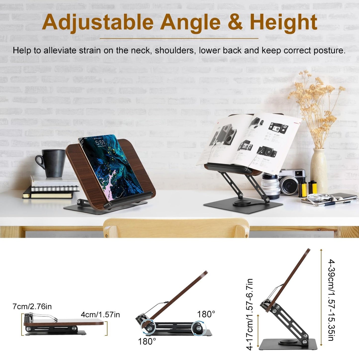 Book Stand for Reading, Adjustable Book Holder with 360° Rotating Bases, Foldable Designs, and Elastic Clips, Multifunctional Display Stand for Recipe, Cookbooks, Magazines, Tablets, Laptops