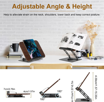 Book Stand for Reading, Adjustable Book Holder with 360° Rotating Bases, Foldable Designs, and Elastic Clips, Multifunctional Display Stand for Recipe, Cookbooks, Magazines, Tablets, Laptops
