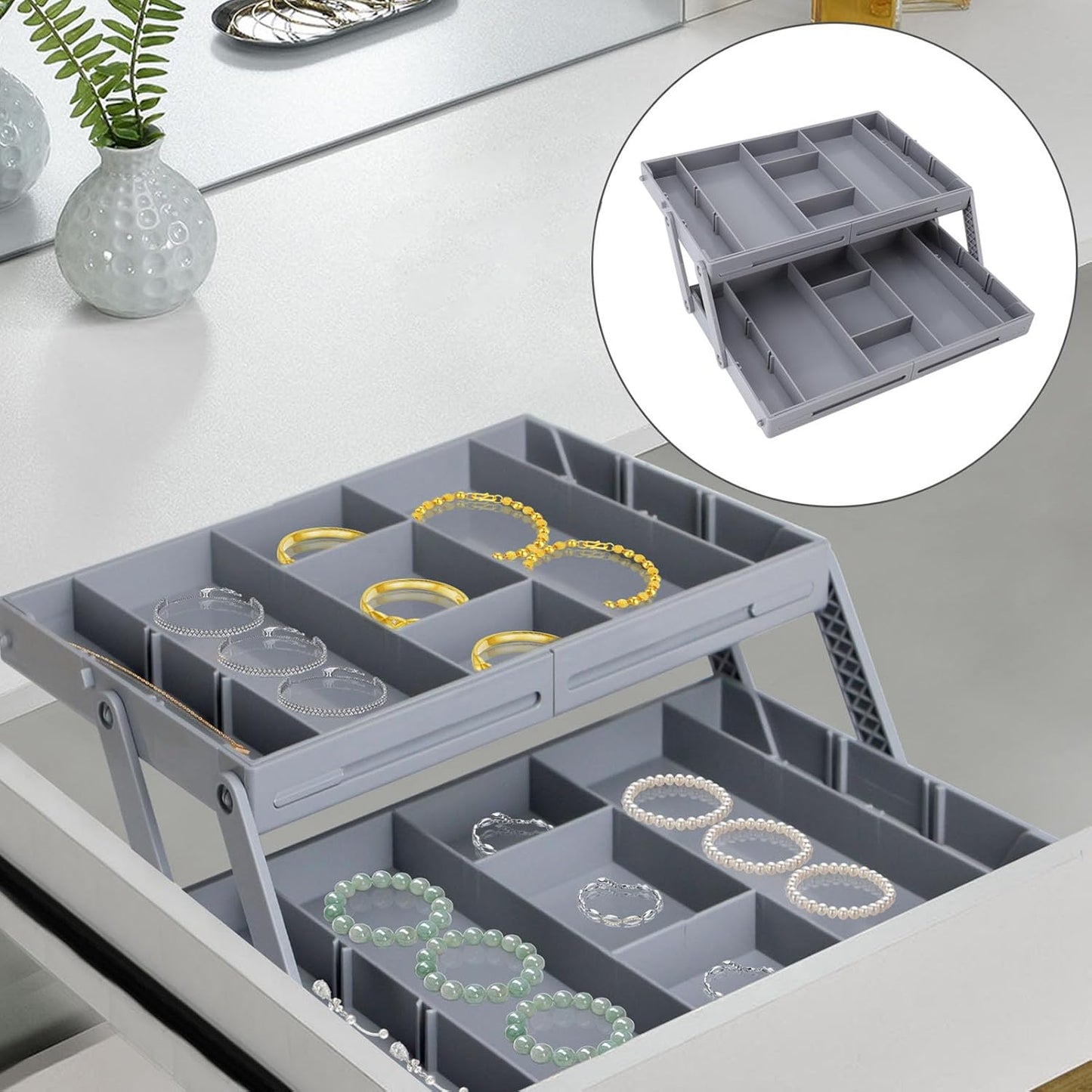Multi Level Drawer Organizer, Expandable Folding Smart Drawer Organizer Makeup Organizer For Drawer Smart Drawer Organizer Kitchen Gadgets Utensils for Jewelry, Office Drawers (3