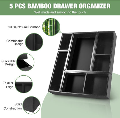 Bamboo Drawer Organizer,5 PCS White Bathroom Tray&Desk Organizers and Storage,Cabinet Divider With Removable Silverware Organization for Kitchen,Utensils,Junk,Office,Makeup