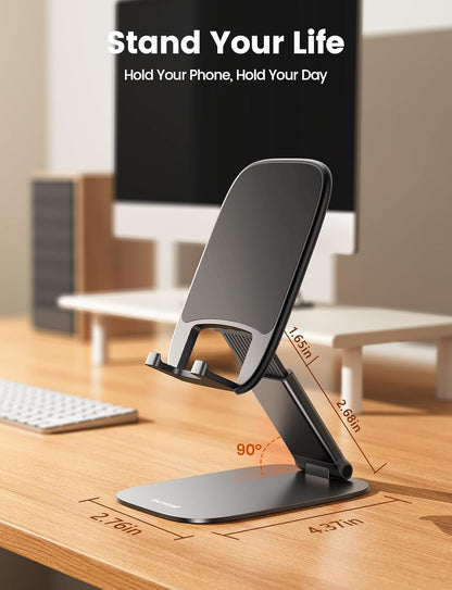 Lamicall Foldable Cell Phone Stand for Desk - [Ultra Thin] Portable Travel Holder, Height Adjustable, Weighted Metal Base, Thick Case Friendly for iPhone 17 16 15 Pro Max, Galaxy S26, Gift Mothers Day