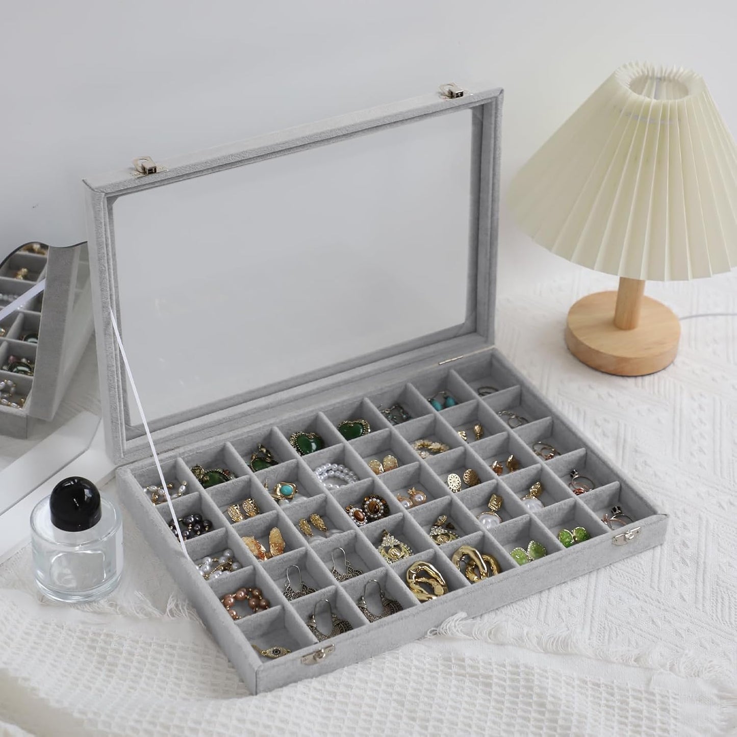 Stratalife Jewelry Organizer Bracelet Organizer Storage Box 12 Grid Stackable Jewelry Tray with Lid Velvet Jewelry Box for Drawer Necklace Bracelet Display Storage Organizer Box (Beige)