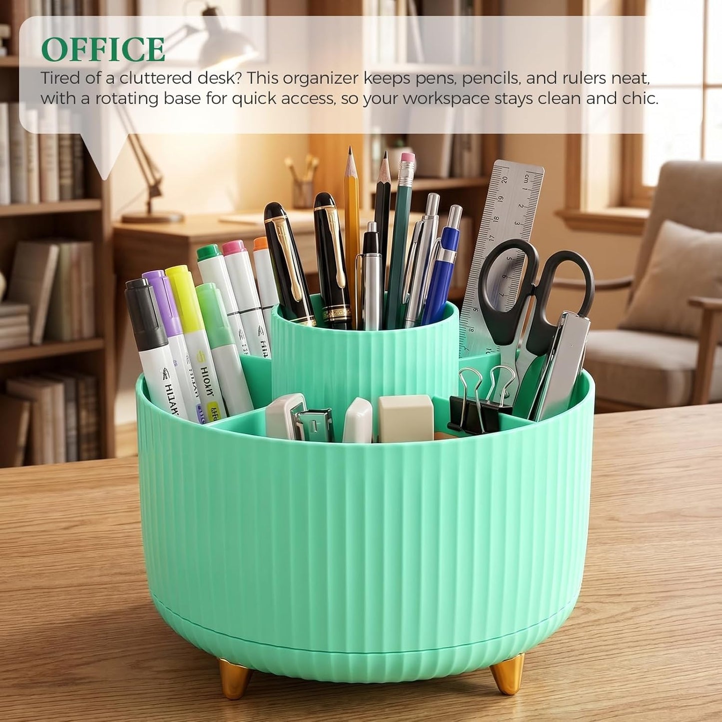 KONVINIT Pencil Pen Holder for Desk, 5 Slots 360 - Degree Rotating Desktop Organizer, Cute Desk Organizers and Accessories for School, Home, Office and Art Supply, Beige