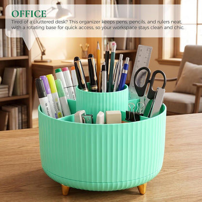 KONVINIT Pencil Pen Holder for Desk, 5 Slots 360 - Degree Rotating Desktop Organizer, Cute Desk Organizers and Accessories for School, Home, Office and Art Supply, Beige