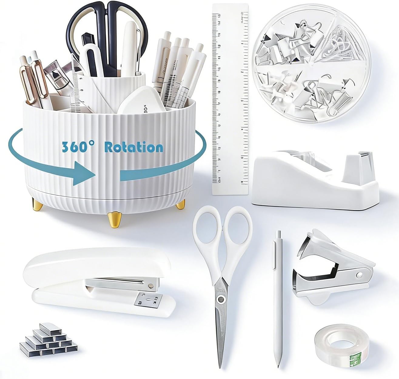 Gawsey Gold Desk Organizers and Accessories Set with 360-Degree Rotating Pen Holder, Acrylic Stapler, Tape Holder, Staple Remover, Binder/Paper Clips Kit, Scissor and 1 Box of Staples