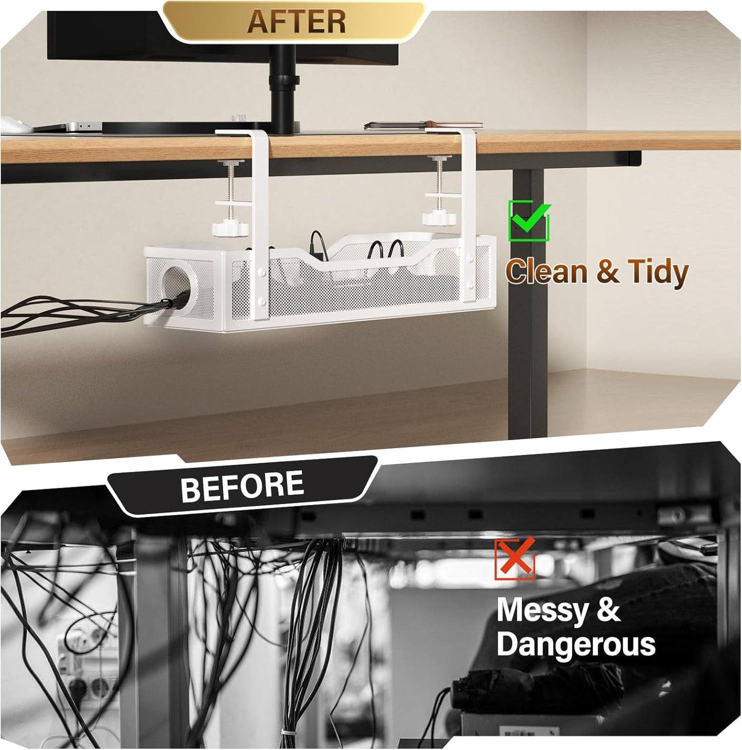 Under Desk Cable Management Tray White, Cinati Wire Organizers No Drill, Cable Tray with Clamp for Wire Management, Cord Organization Box for Office, Home - No Damage to Desk