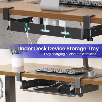 BYMECOST No Drill Under Desk Storage Shelf, Metal Under Desk Drawer Organizer with Clamp, Mount Under Desk Shelf Adds Tray, Desk Drawer for Office Desks, Table, Gaming Desk, Workstations (White)