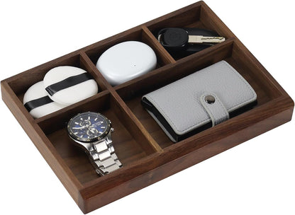 MultiBey Acacia Wood Valet Tray Nightstand Organizer, Wooden Valet Trays for Men Women, Wood Desk Organizer Drawer, EDC Essentials Catchall Tray for Phones, Watch, Pens, Keys