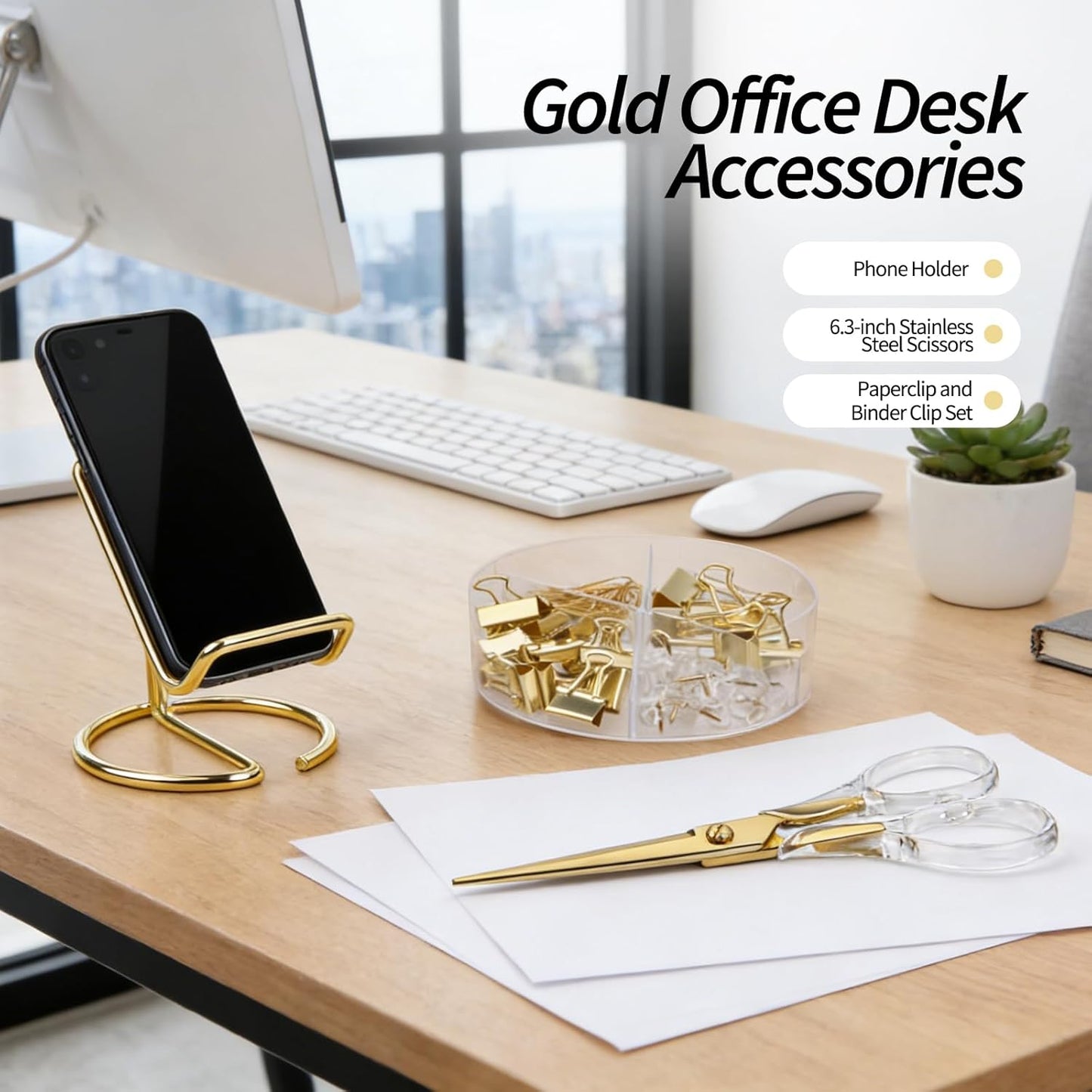 Phone Stand for Desk, Sturdy Metal Gold-Plated Phone Stand for Office Desk, Hands-Free Phone Charging Holder for Phone Calling and Watching Videos