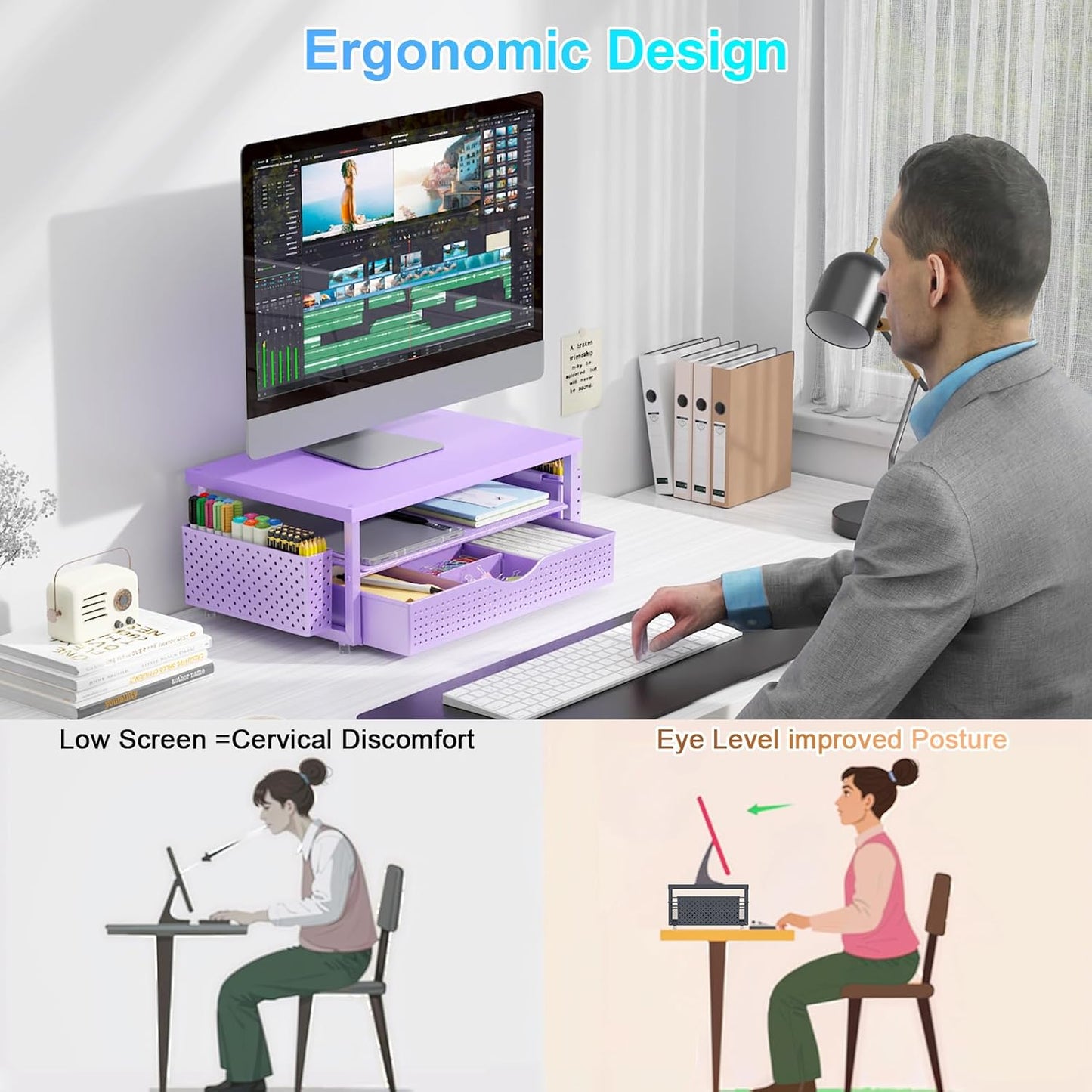 gianotter Wood Monitor Stand Riser, Office Desk Shelf Organizer, Desk Organizer with Drawer and Pen Holder, 2-Tier Computer Stand, Office Organization (Ink)