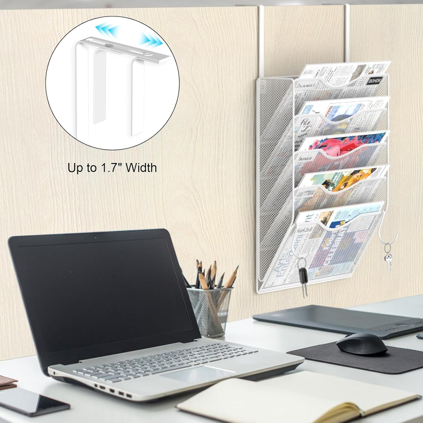 BOHDK Wall File Organizer, 6 Tier Hanging File Folder Mail Organizer, Vertical Mesh Metal Wall Mount Hanging File Holder, Paper Document Magazine Rack for Home Office Black