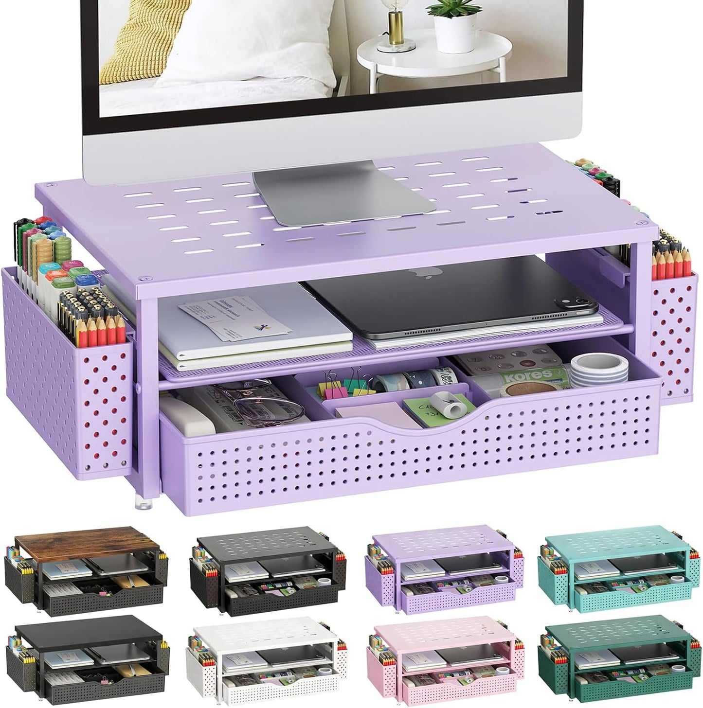 gianotter Wood Monitor Stand Riser, Office Desk Shelf Organizer, Desk Organizer with Drawer and Pen Holder, 2-Tier Computer Stand, Office Organization (Ink)