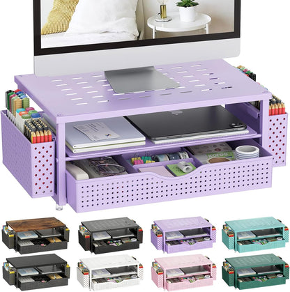 gianotter Wood Monitor Stand Riser, Office Desk Shelf Organizer, Desk Organizer with Drawer and Pen Holder, 2-Tier Computer Stand, Office Organization (Ink)