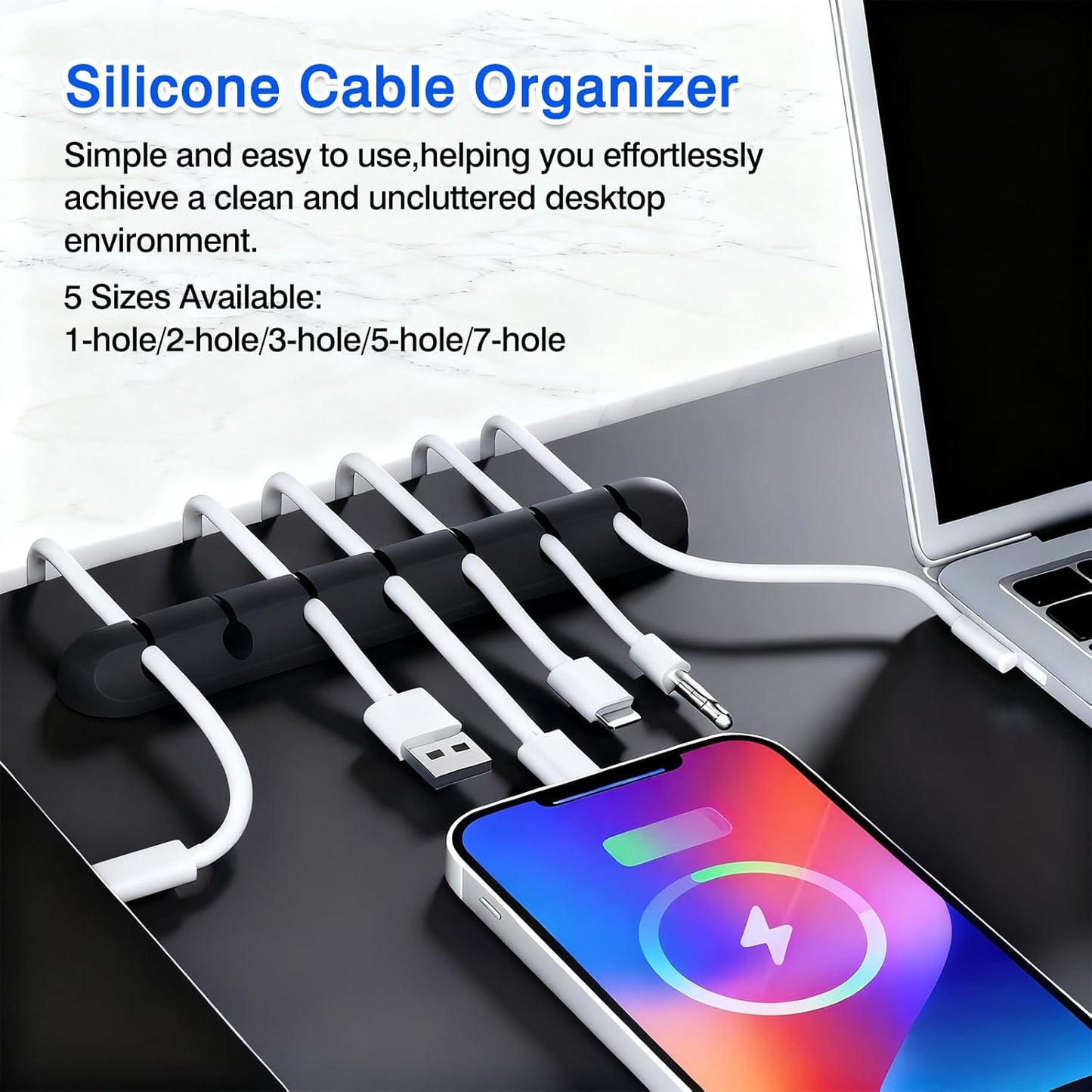 Self-Adhesive Silicone Cable Organizer Clips – Black Cord Holders with Multiple Slots (7-5-3-2-1) for Desk, Car & Nightstand