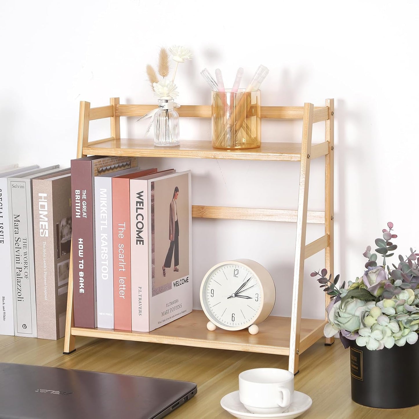 2-Tier Ladder Desktop Bookshelf, 23.62" Wide Wooden Countertop Storage Hutch for Office, Dorm and Home, Small Desk Organizer for Books and Decor