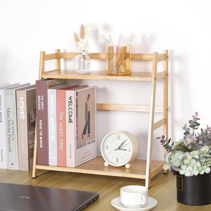 2-Tier Ladder Desktop Bookshelf, 23.62" Wide Wooden Countertop Storage Hutch for Office, Dorm and Home, Small Desk Organizer for Books and Decor