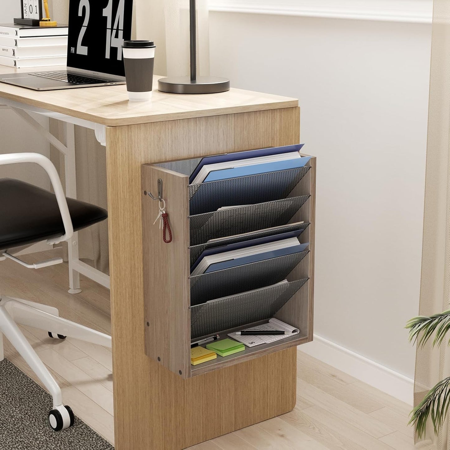 Creso hom Mail Organizer Wall Mounted, 6-Tier Wall File Organizer with 2 Hooks, Wooden Desk Organizer Magazine Holder with Bottom Flat Tray, for Office Home, Rustic Brown